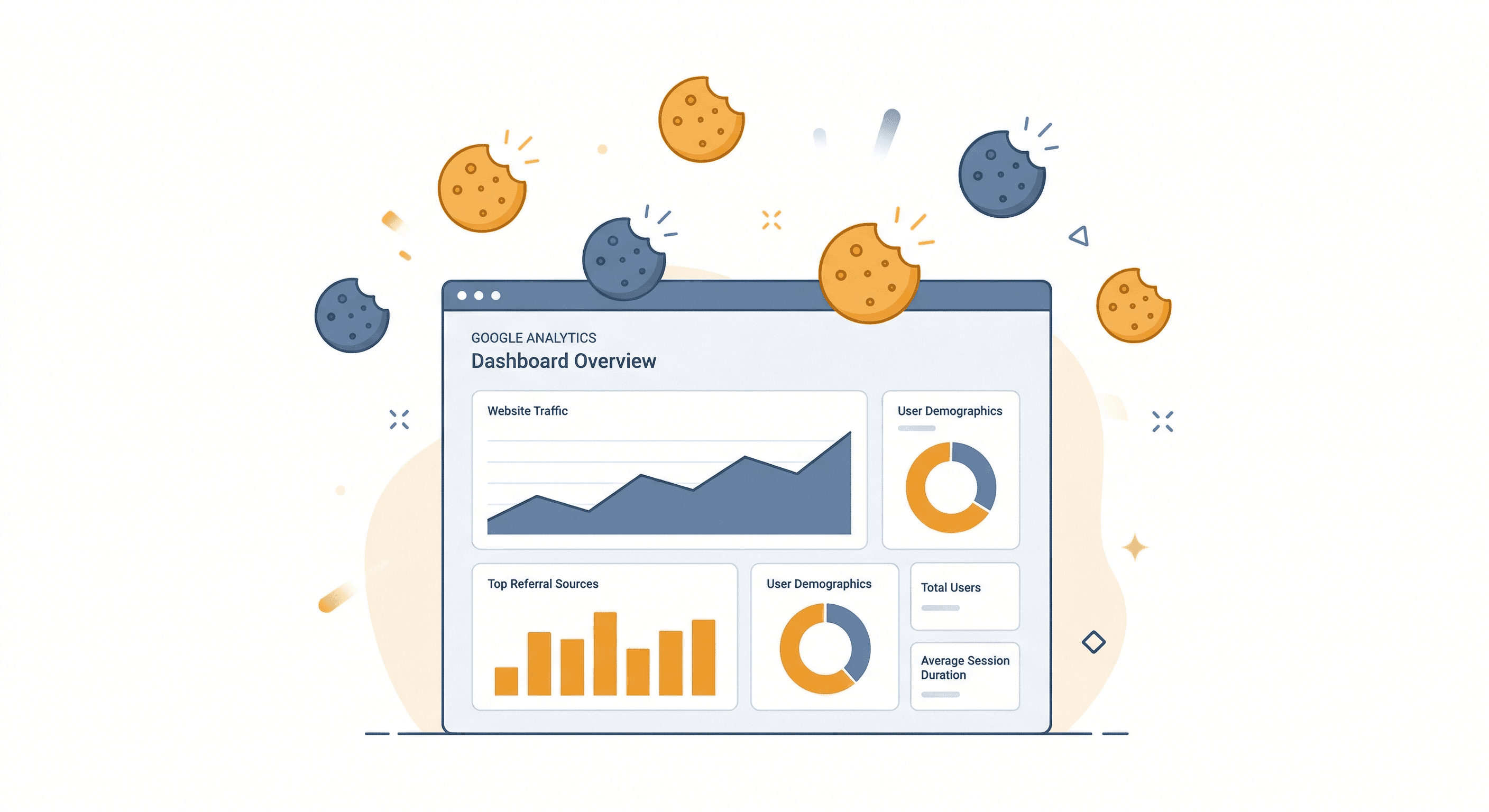 Google Analytics dashboard surrounded by cookie icons
