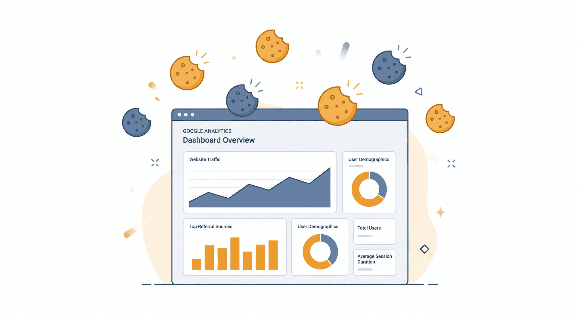 Google Analytics dashboard surrounded by cookie icons